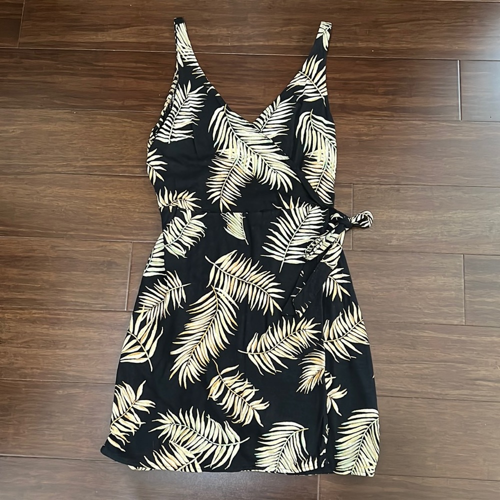 Black Palm Leaf Print Wrap Dress